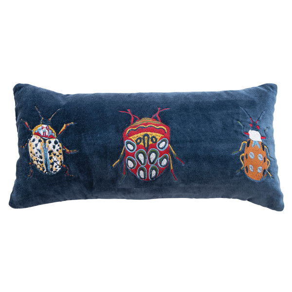 Cotton Velvet Embroidered Lumbar Pillow w/ Beetles