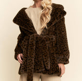 FAUX FUR LEOPARD PRINT HOODED JACKET