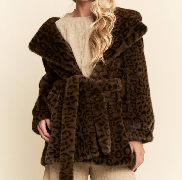 FAUX FUR LEOPARD PRINT HOODED JACKET