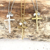 Cross necklace with rustic pearl