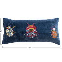 Cotton Velvet Embroidered Lumbar Pillow w/ Beetles