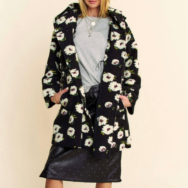 Floral Chunky Button Coat w/Hood