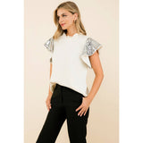Sequin Sleeve Rib Knit Top