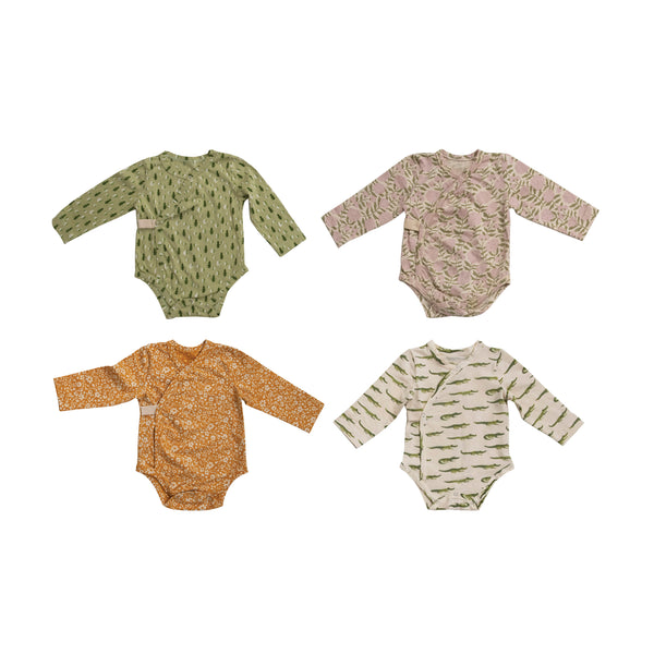 Cotton Baby Kimono Long Sleeve Bodysuit with Patterns, 4 Styles