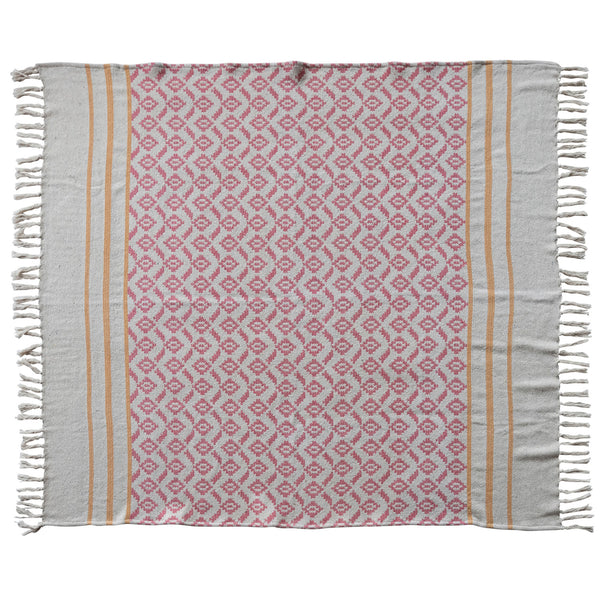 Woven Recycled Cotton Blend Jacquard Throw with Stripes & Tassels