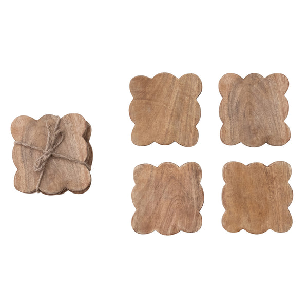 Mango Wood Scalloped Coasters, Natural, Set of 4 Tied w/ Jute