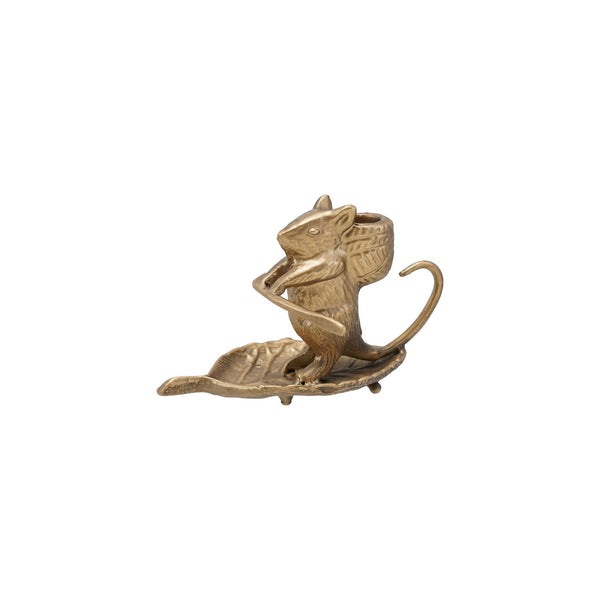Cast Metal Taper Holder w/ Mouse on Leaf, Antique Gold Finish