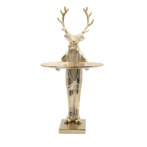 10"L x 8"W x 20"H Cast Aluminum Deer with Tray, Gold Finish