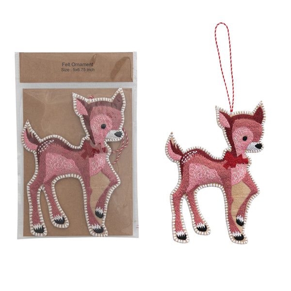 5"L x 6-3/4"H Embroidered Cotton Felt Deer Ornament, Multi Color