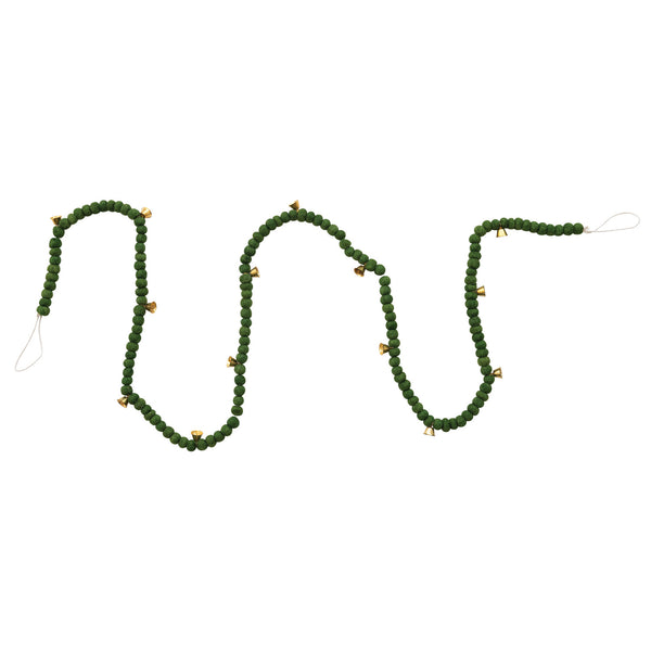 Handmade Wool Felt Ball Garland with Bells, Green & Gold Finish