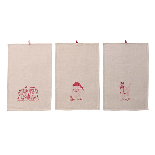 Tea Towel with Holiday Saying & Image, Pink, Red & White, 3 Styles ©