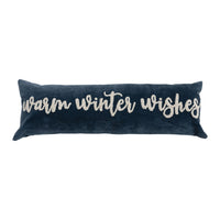 Woven Cotton Velvet Lumbar Pillow with Embroidered "Warm Winter Wishes"