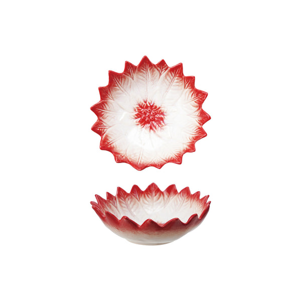Hand-Painted Stoneware Poinsettia Shaped Bowl, Red & White