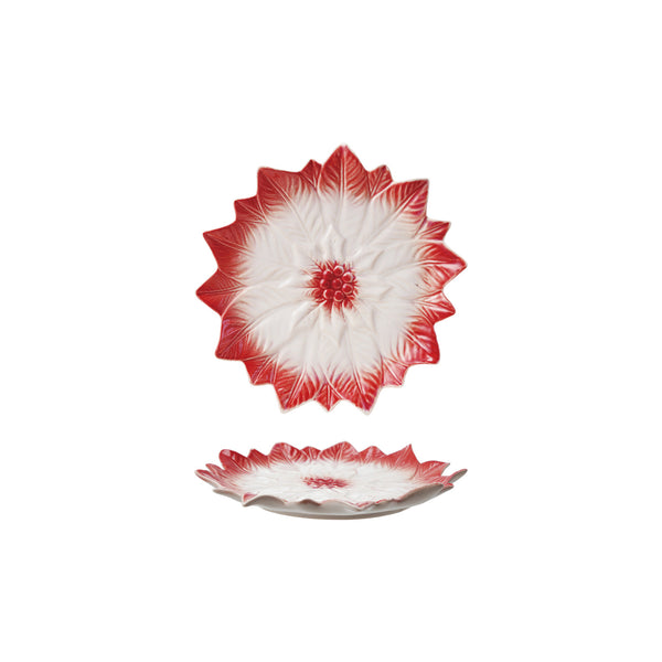 Hand-Painted Stoneware Poinsettia Shaped Plate, Red & White