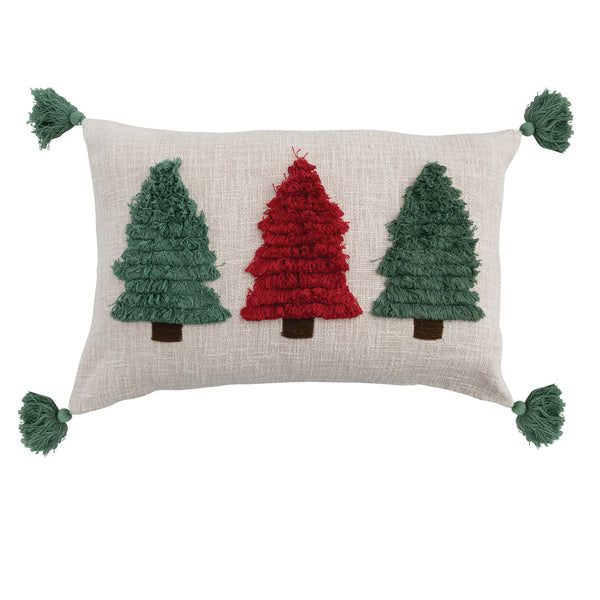 Lumbar Pillow with Embroidered Fringe Trees & Tassels, Natural