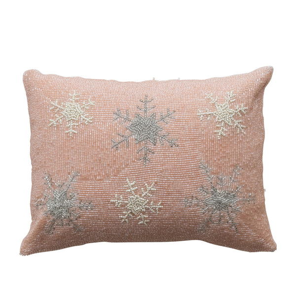 Cotton Slub Blend Beaded Lumbar Pillow with Snowflakes