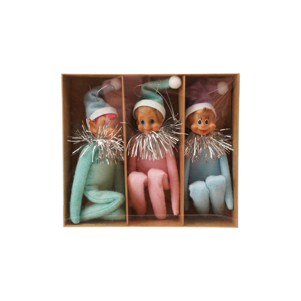 Plastic & Fabric Vintage Reproduction Elf Ornaments, Set of 3