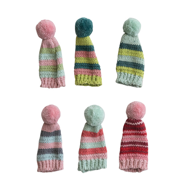 4"H Cotton Knit Hat Bottle Topper with Stripes & Pom Pom, 6 Styles