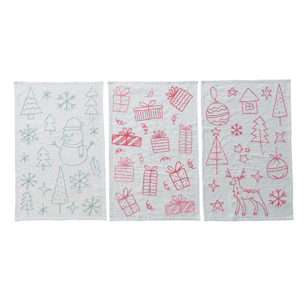 Embroidered Woven Cotton & Linen Tea Towel, 3 Styles