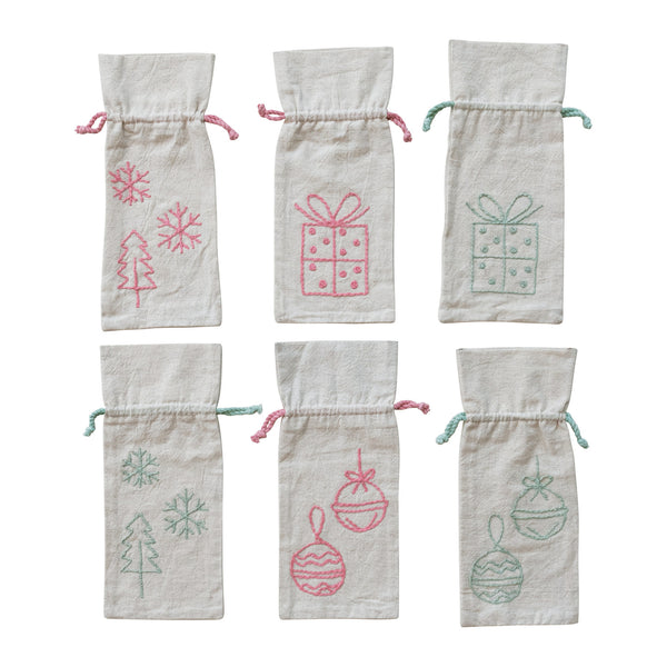 Drawstring Wine Bag with Embroidered Holiday Icon, 6 Styles