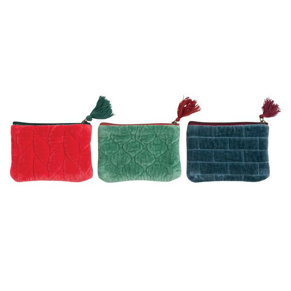 Quilted Cotton Velvet Zip Pouch with Tassel, 3 Styles