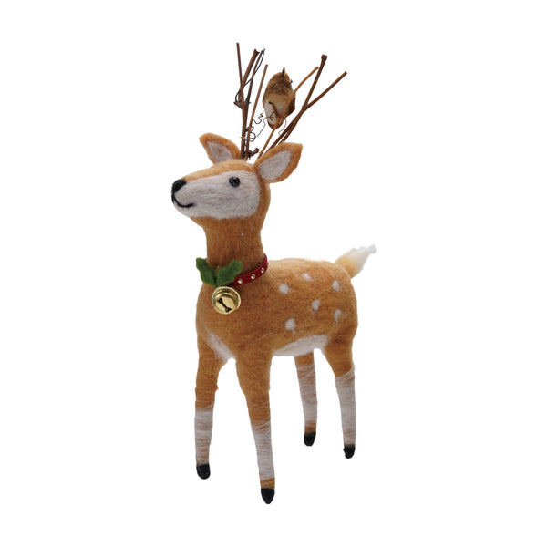 Handmade Fabric & Wool Felt Deer with Bird & Jingle Bell Collar