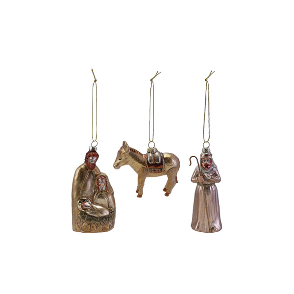 3-1/4"H - 5-1/4"H Glass Nativity Ornament with Glitter, 3 Styles