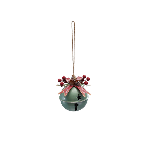 Metal Jingle Bell Ornament with Bow, Star Cut-Outs, Pinecones & Holly