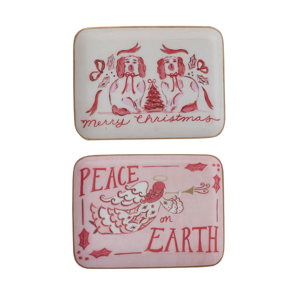 Enameled Metal Tray with Holiday Saying, Image & Gold Edge, 2 Styles ©
